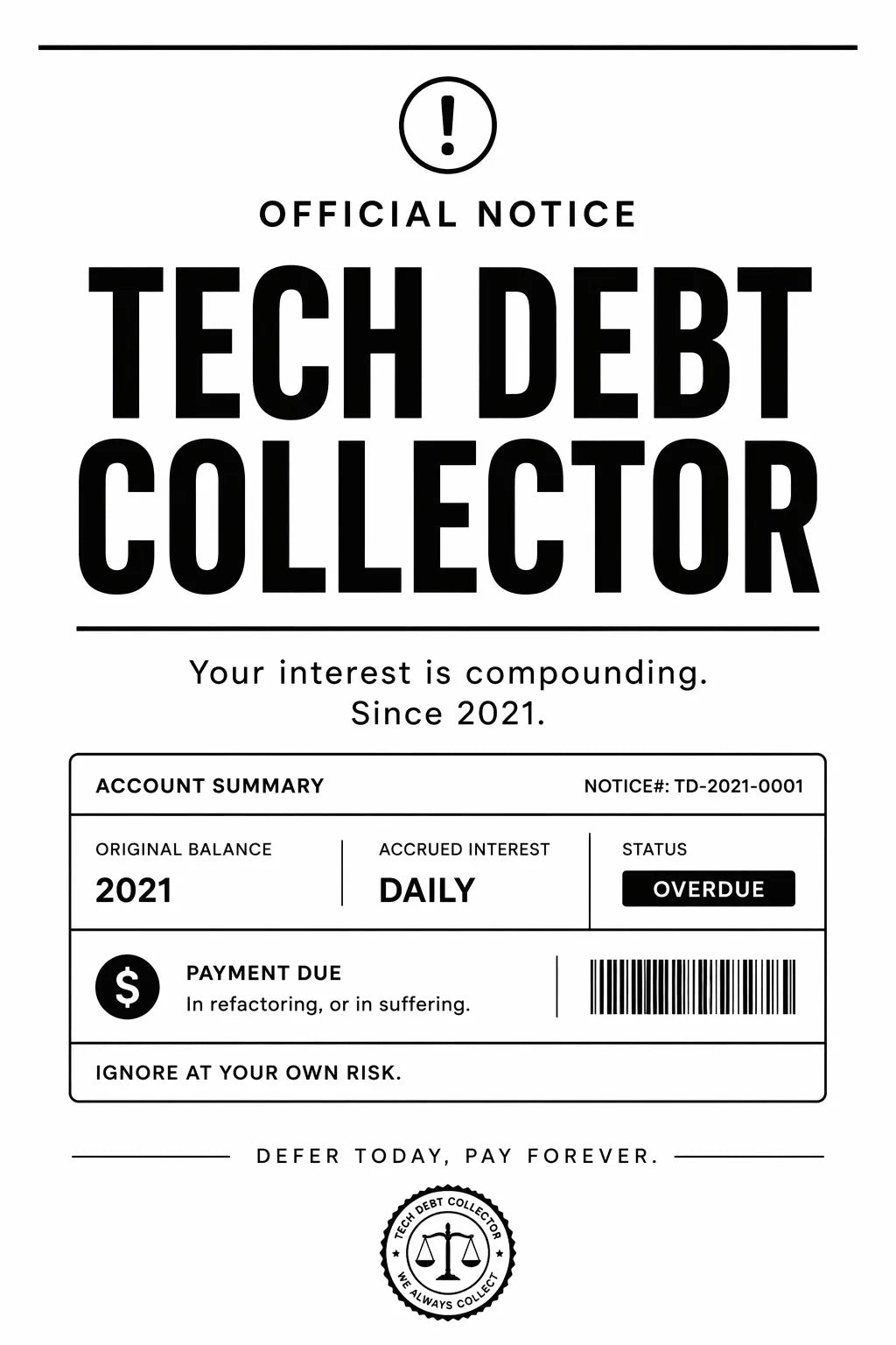 TECH DEBT COLLECTOR artwork